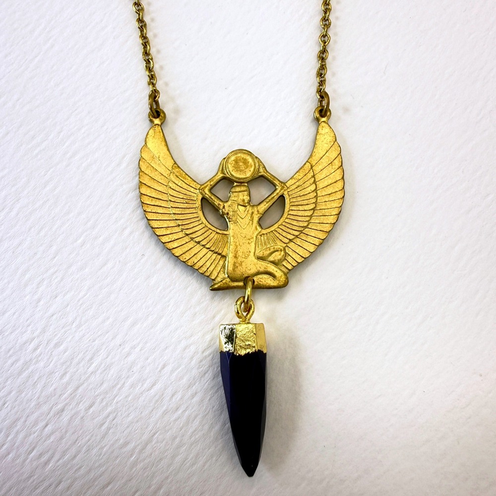 Egyptian Winged Isis Goddess Necklace Gold Tone Blue Point Stone Pendant